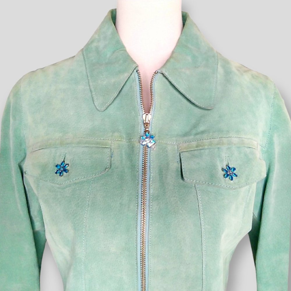 Vintage Wilsons Leather 100% Suede Cropped Jacket Size Large Aqua Barbiecore - Picture 4 of 12